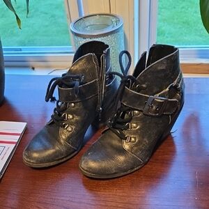 Black Lace Up Leather Boots with Distressed Finish
